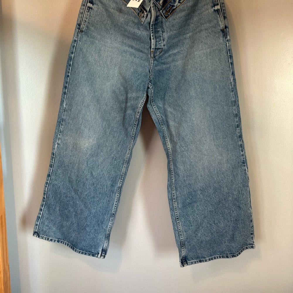 Casual Blue Denim Jeans By EB Denim with a Flap Over Waist Detail in Front.